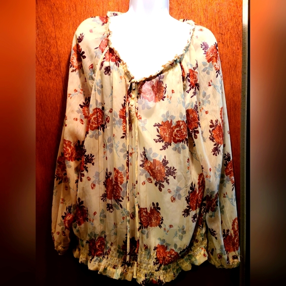 CAbi | Tops | Cabi La Di Da Sheer Floral Print 34 Bell Sleeve Button Front Blouse 669d19f5dc8a4ed989774f3b